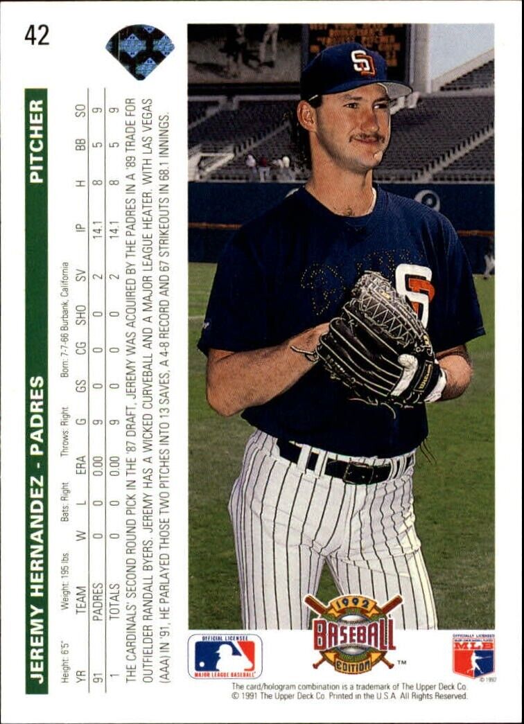 Jeremy Hernandez 1992 Upper Deck MLB #42 Rookie Baseball Card San Diego Padres