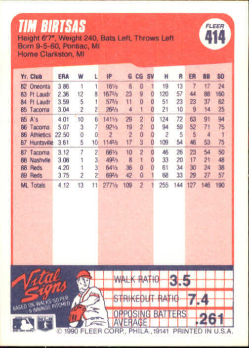 1990 Tim Birtsas Fleer Baseball Card #414