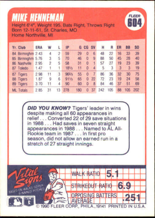 1990 Mike Henneman Fleer Baseball Card #604