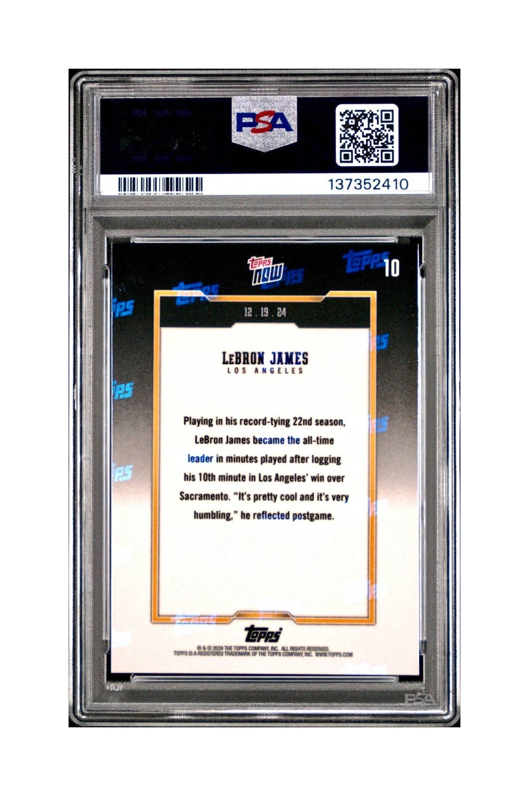 LeBron James 2024 Topps Now #10 All-Time Leader Minutes Played PSA 10 Gem Mint