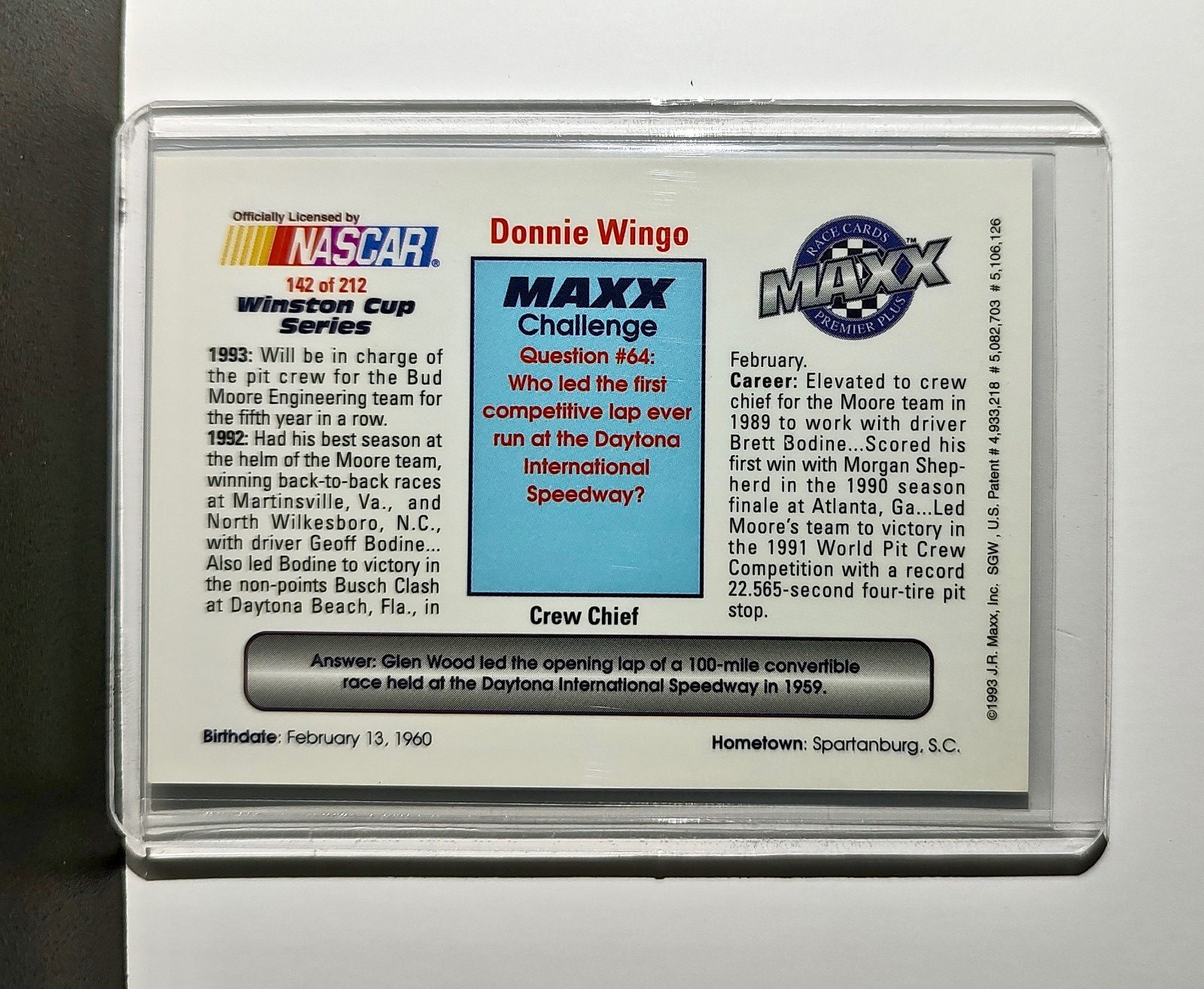 Donnie Wingo 1993 Maxx Premier Plus Racing #142 NASCAR Bud Moore Engineering