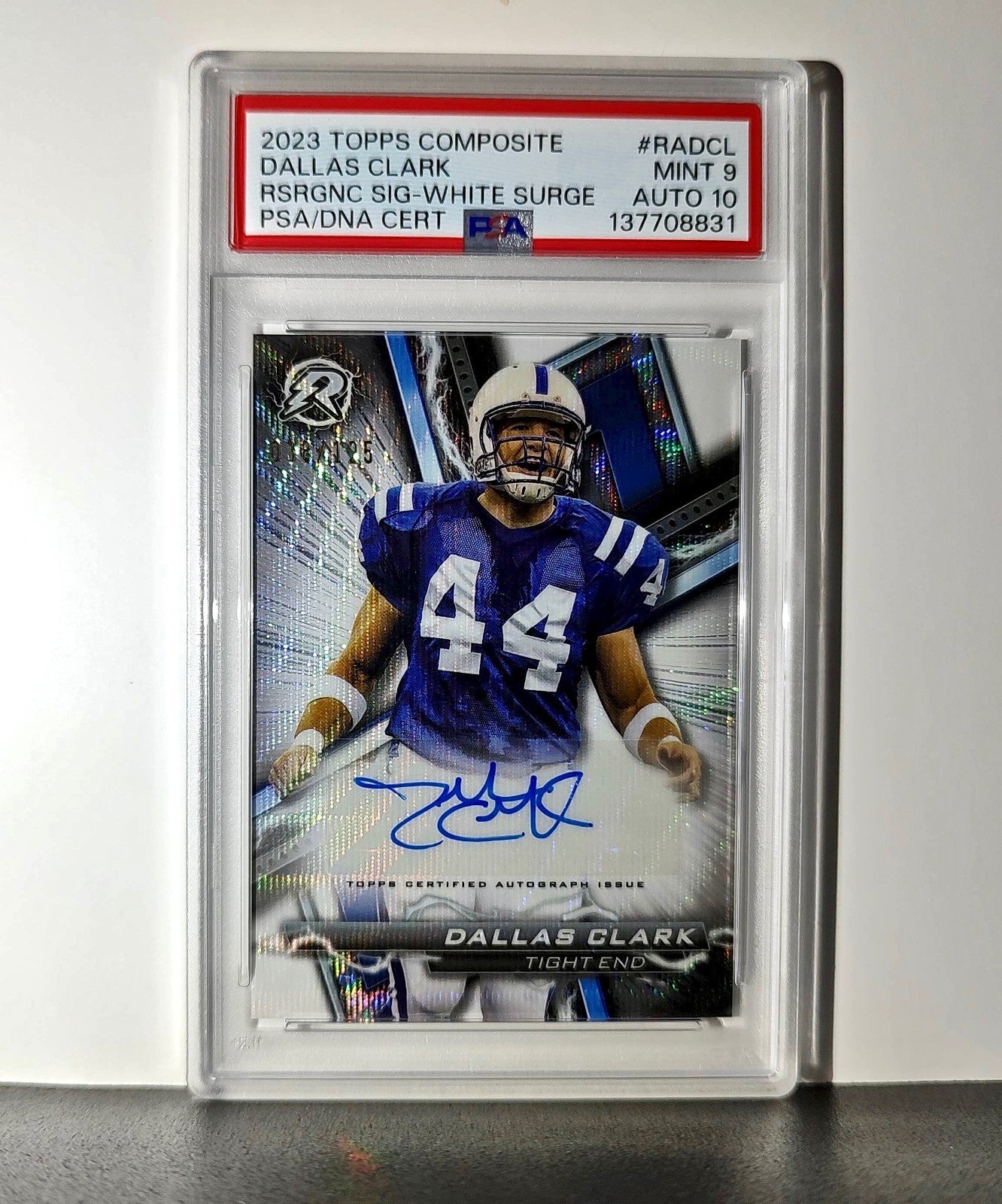 Dallas Clark 2023 Topps Resurgence #RA-DCL White Surge 38/125 PSA 9 Auto 10