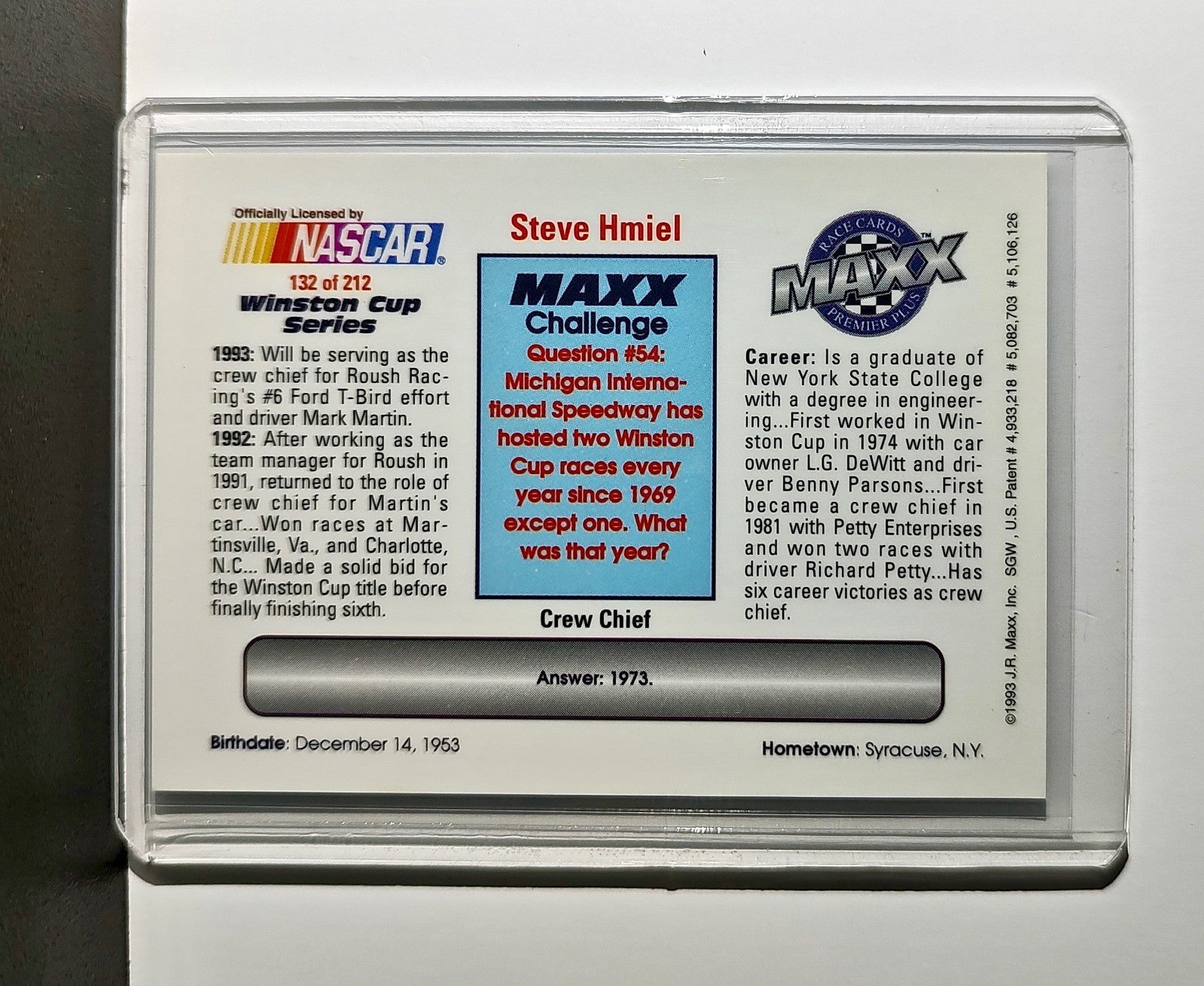 Steve Hmiel 1993 Maxx Premier Plus Racing #132 NASCAR Card Roush Racing