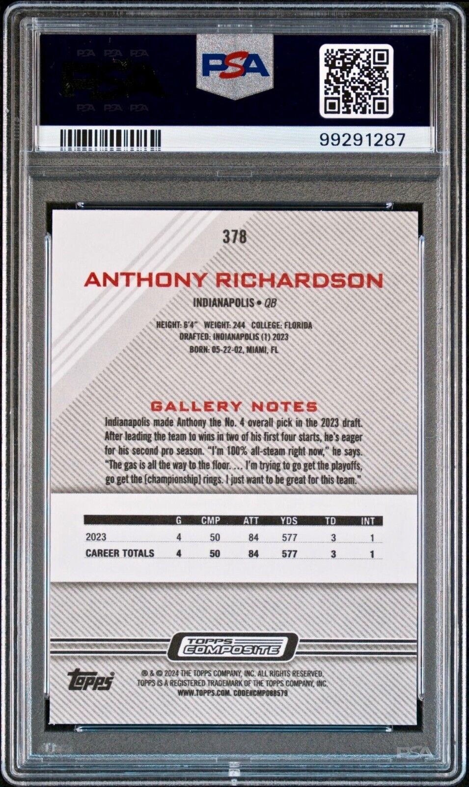 Anthony Richardson 2023 Topps Gallery Rookie NFL #378 Football Card PSA 9 Mint