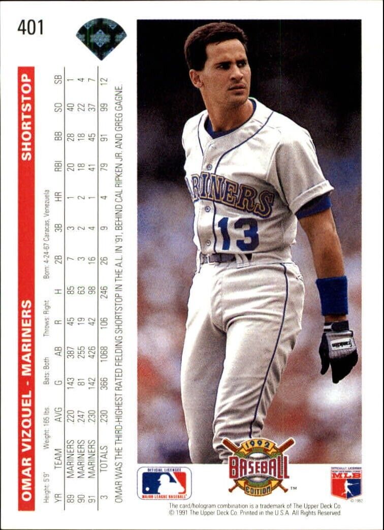 Omar Vizquel 1992 Upper Deck MLB #401 Baseball Card Seattle Mariners