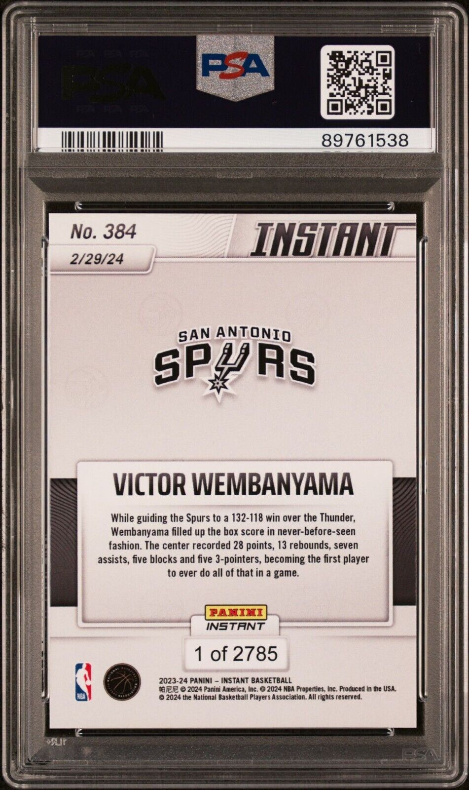 Victor Wembanyama 2023-24 Panini #384 NBA Rookie Card 1 of 2785 PSA 8 NM-MT