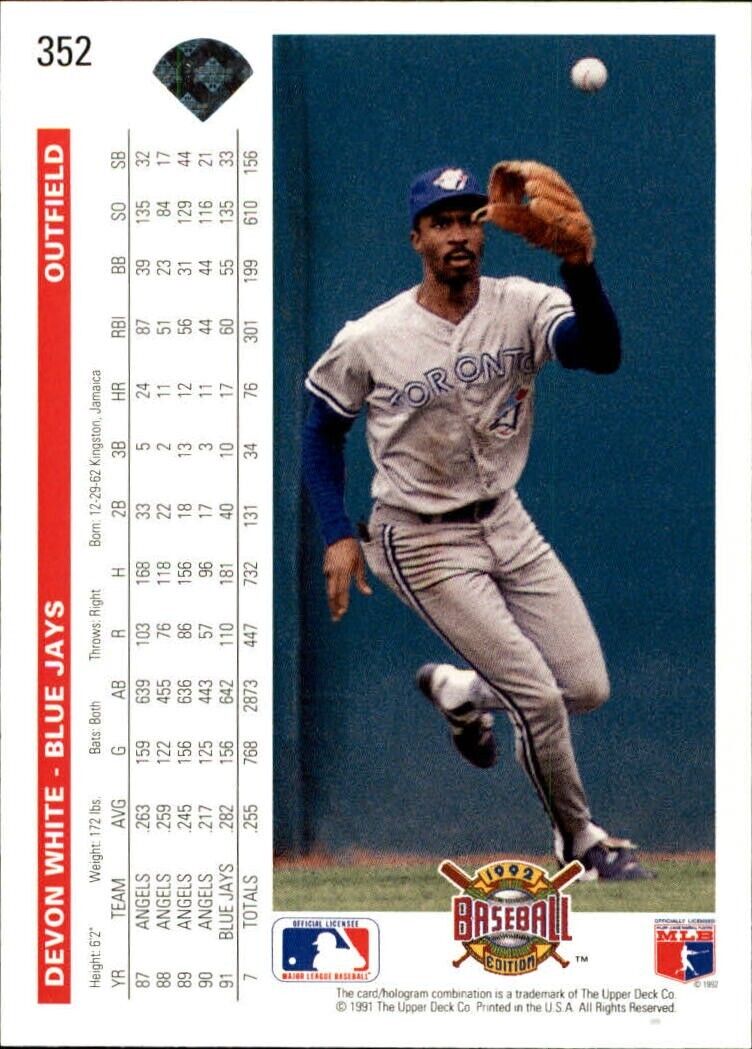 Devon White 1992 Upper Deck MLB #352 Baseball Card Toronto Blue Jays