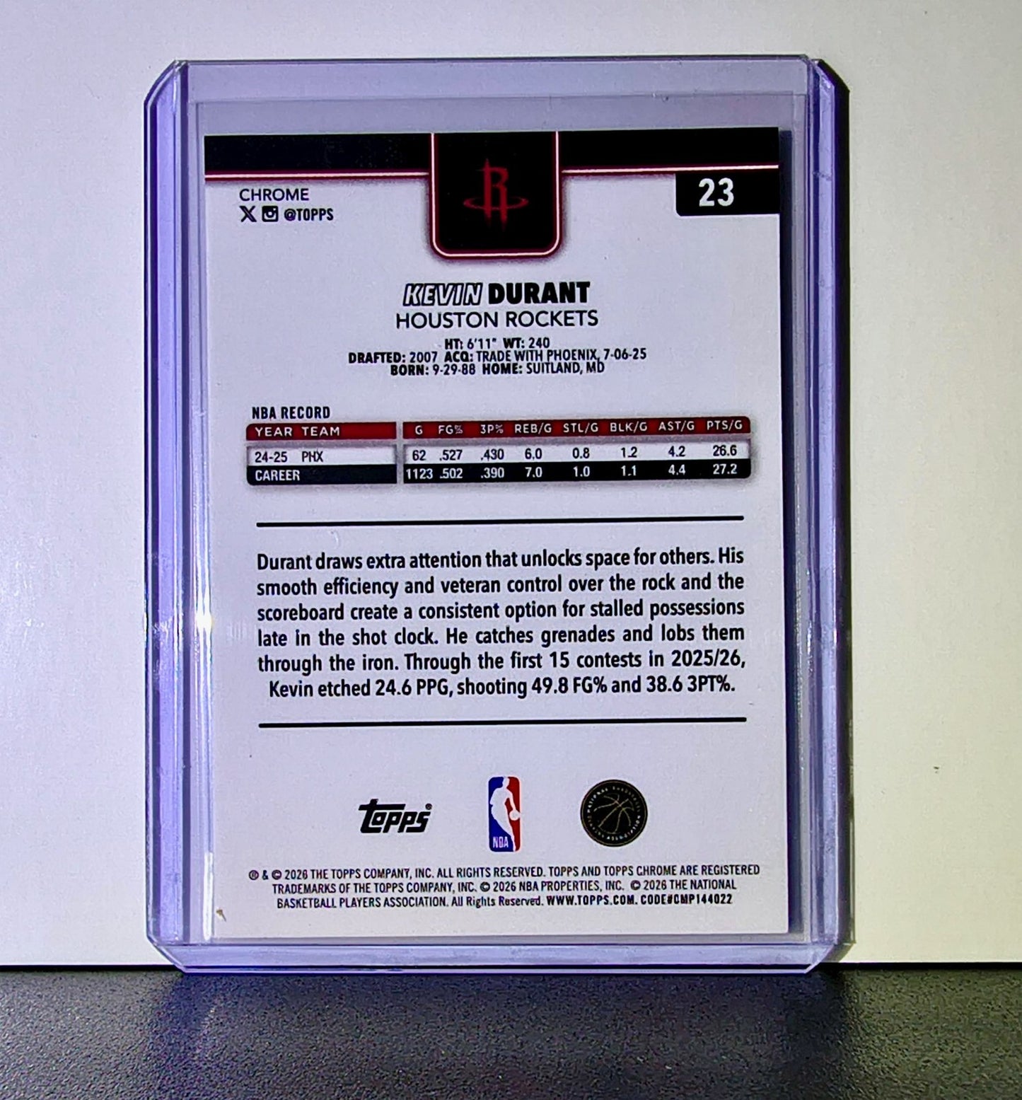 Kevin Durant 2025-26 NBA Topps Chrome Update #23 Basketball Card Houston Rockets