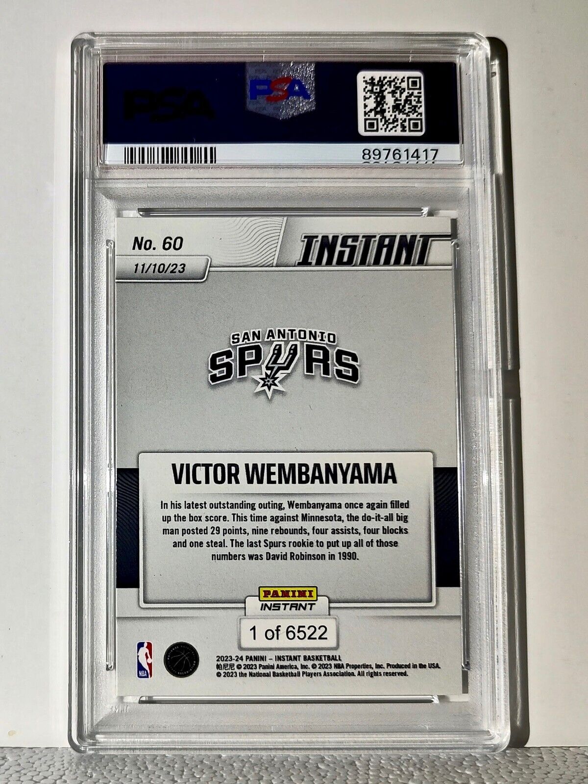 Victor Wembanyama 2023-24 Panini #60 NBA Rookie Card Spurs 1 of 6522 PSA 9 Mint