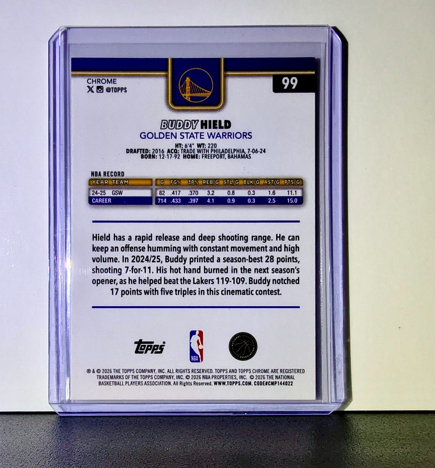 Buddy Hield 2025-26 NBA Topps Chrome Update X-Fractor #99 Card State Warriors