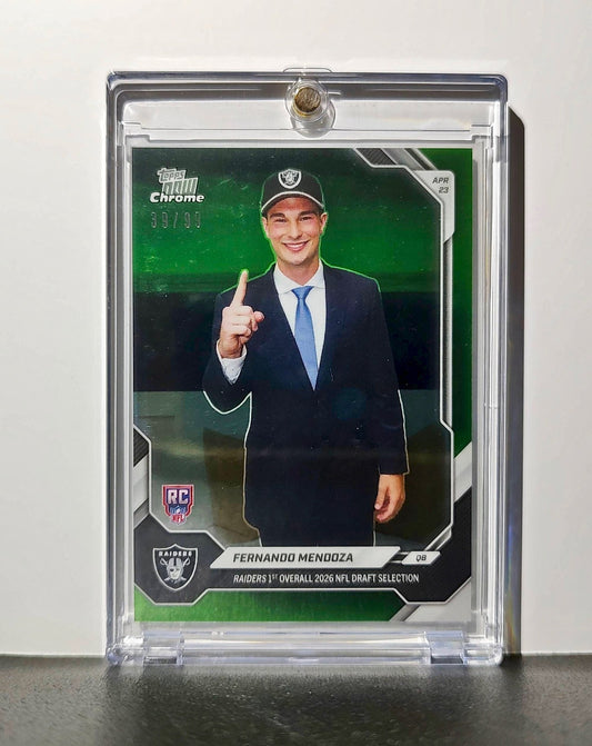 Fernando Mendoza Rookie 2026 Topps Now Draft Night Chrome Green Foil 39/99 Card