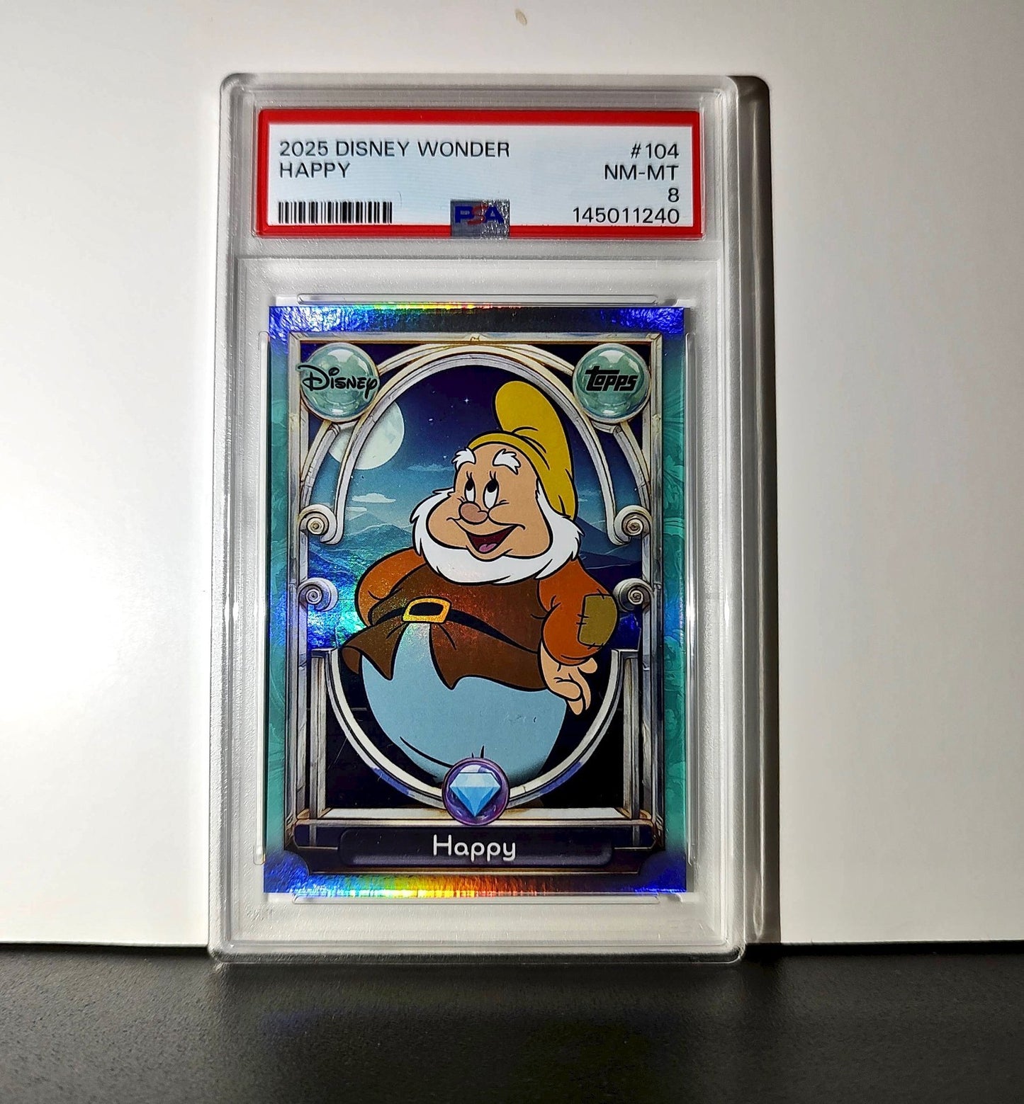 Happy 2025 Topps Disney #104 Diamond Card Snow White and the Seven Dwarfs PSA 8