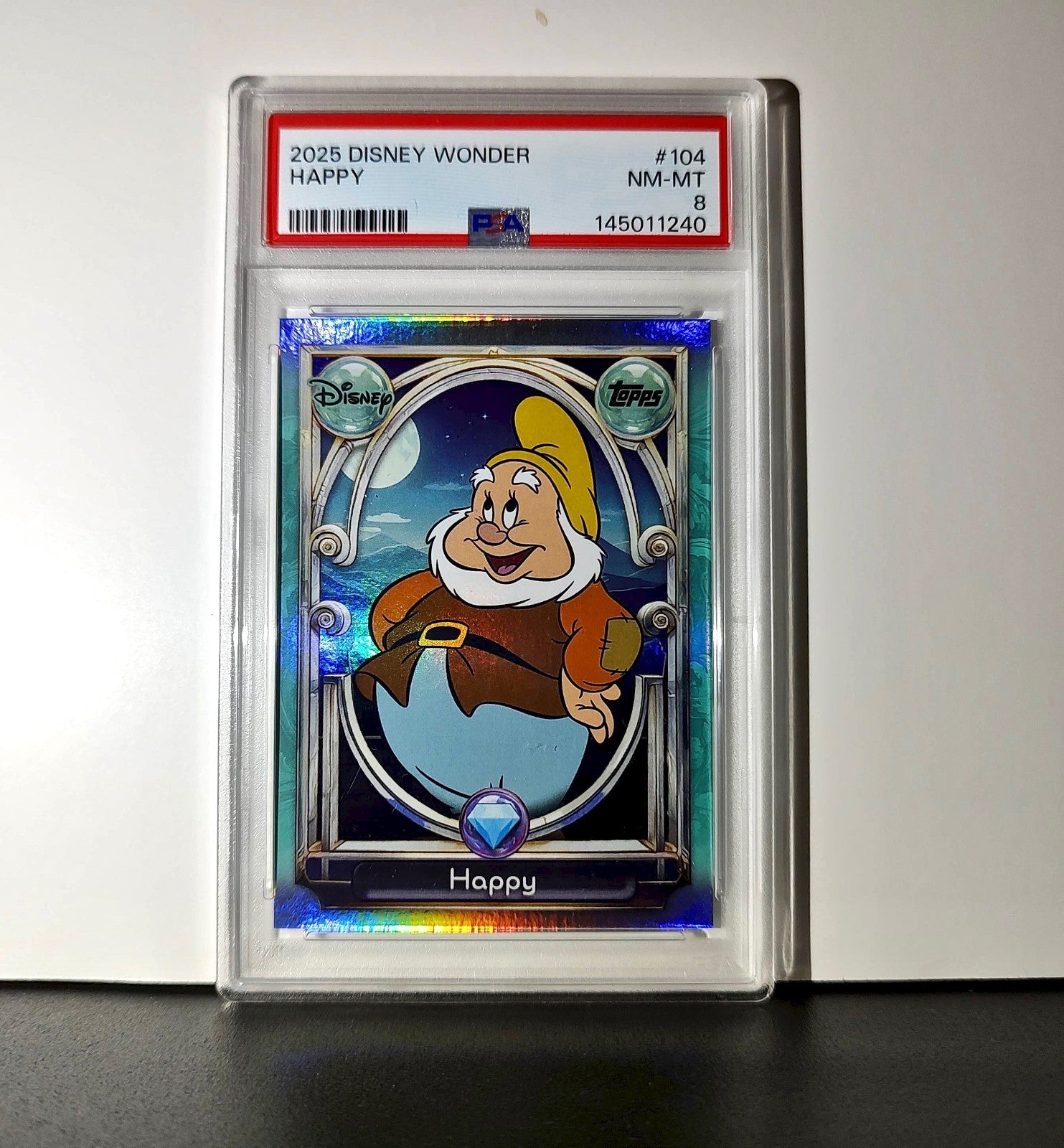Happy 2025 Topps Disney #104 Diamond Card Snow White and the Seven Dwarfs PSA 8