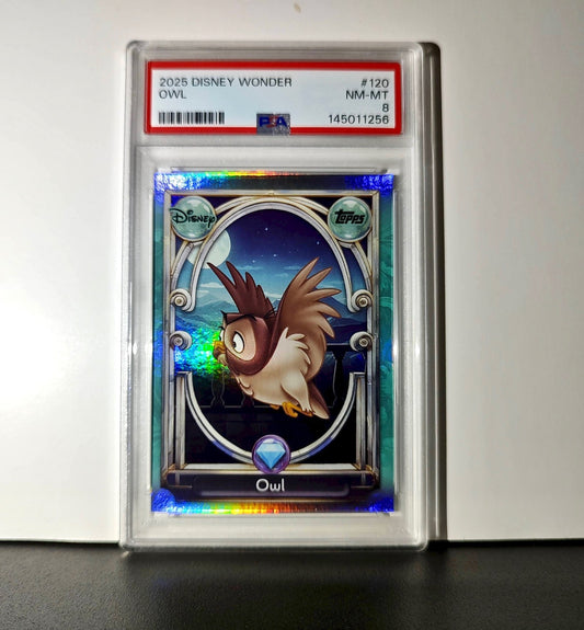 Owl 2025 Topps Disney Wonder #120 Diamond Card Sleeping Beauty PSA 8