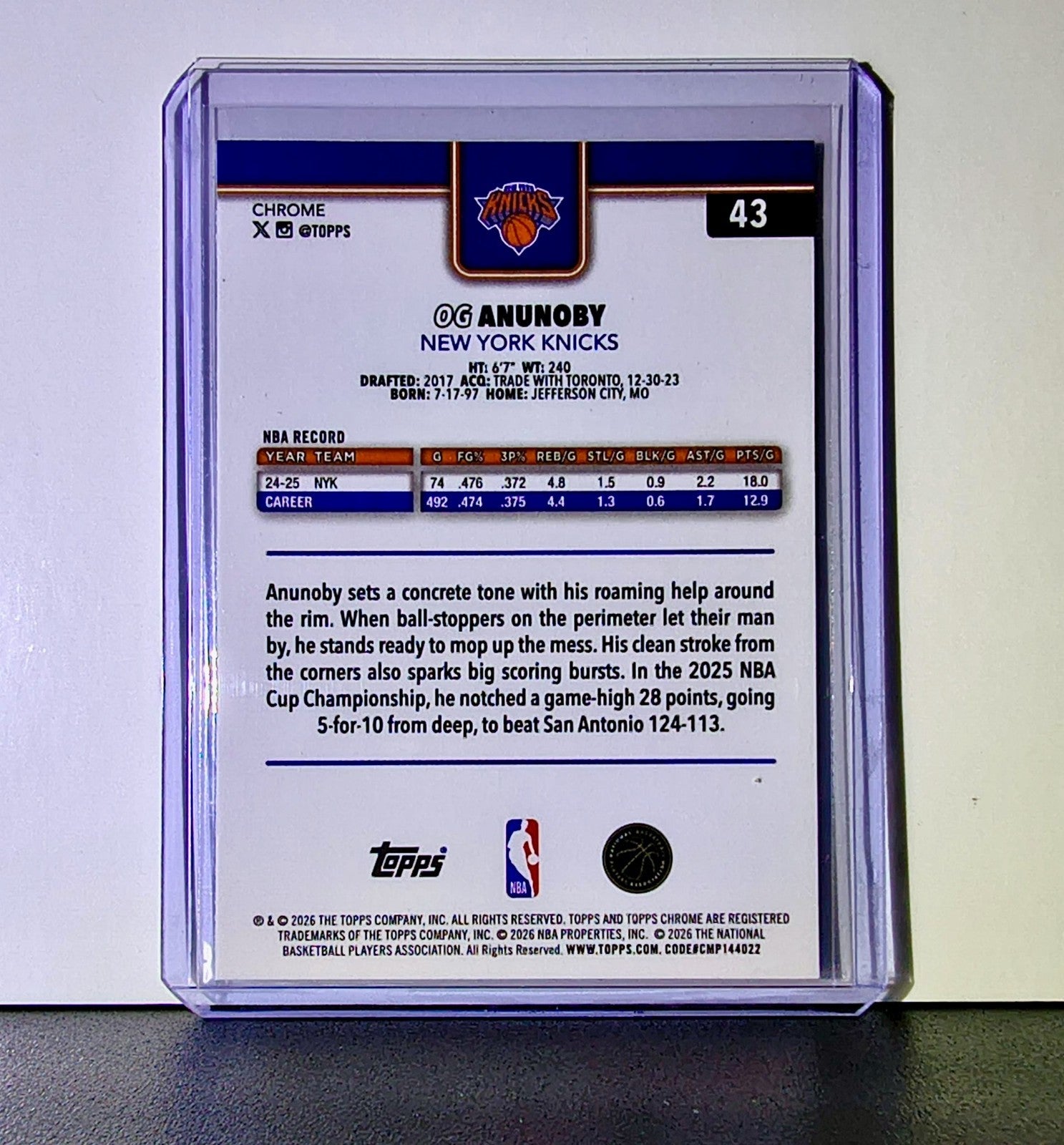 OG Anunoby 2025-26 NBA Topps Chrome Update #43 Basketball Card New York Knicks