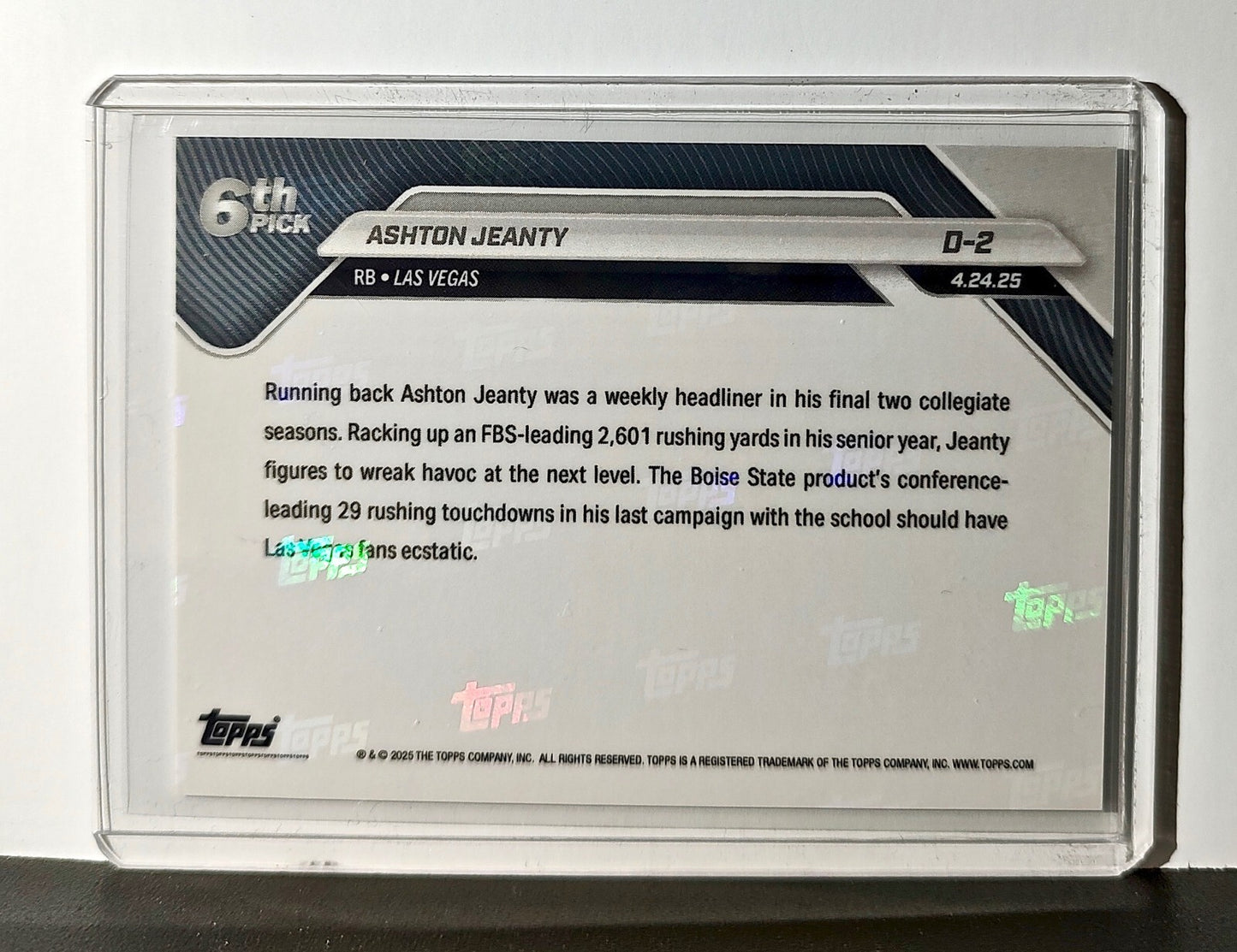 Ashton Jeanty Rookie 2025 NFL Draft #D-2 Football Card Las Vegas Raiders