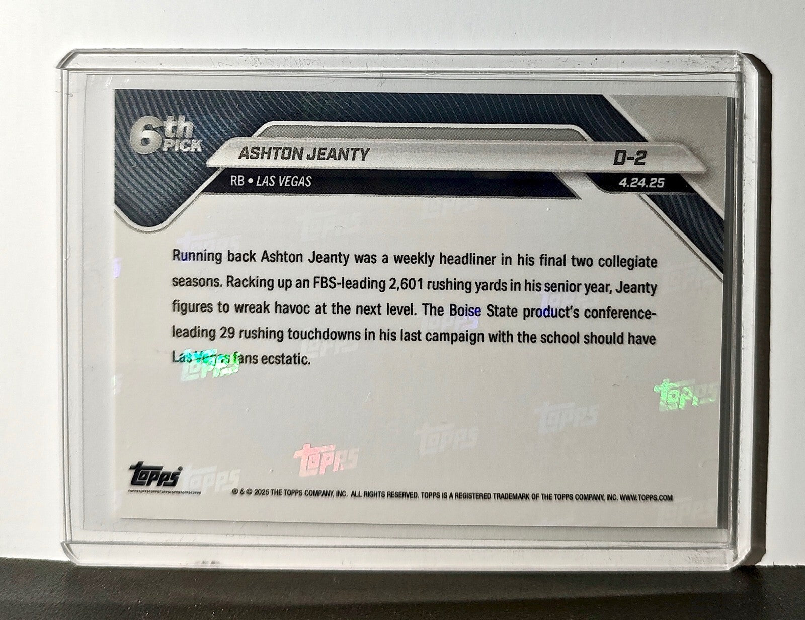 Ashton Jeanty Rookie 2025 NFL Draft #D-2 Football Card Las Vegas Raiders