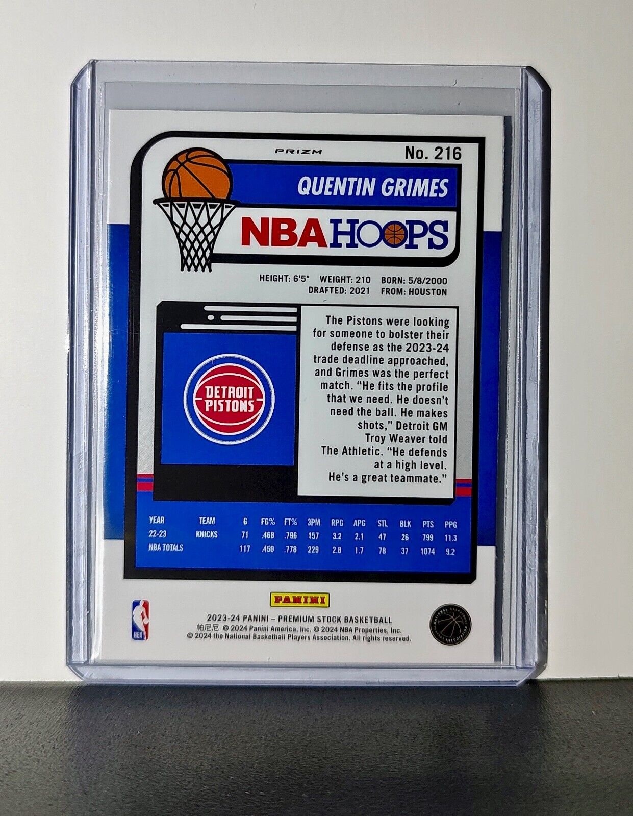 Quentin Grimes 2023-24 Panini Premium Stock NBA Hoops #216 Prizm Refractor Card