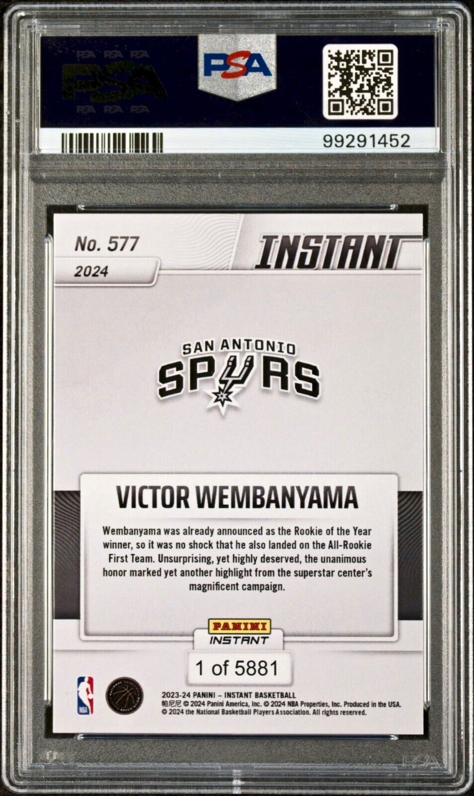 Victor Wembanyama 2023 Panini NBA All-Rookie 1st Team 577 Rookie Card PSA 9 Mint