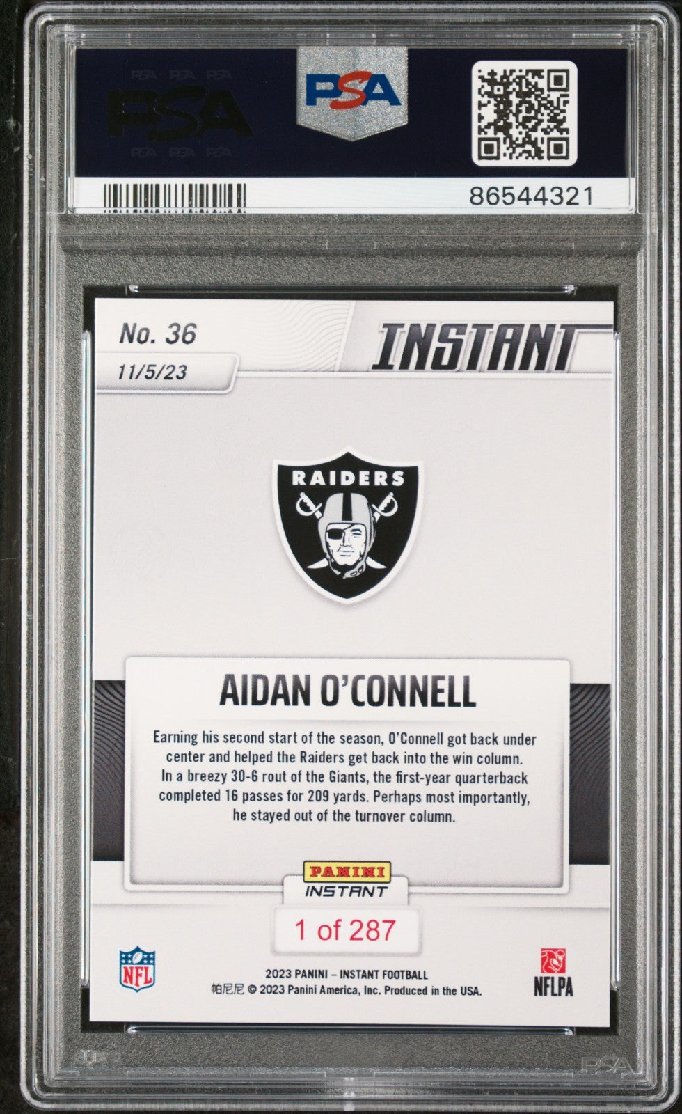 Aidan O’Connell 2023 Panini NFL Rookie Football #36 Card 1 of 287 Raiders PSA 9