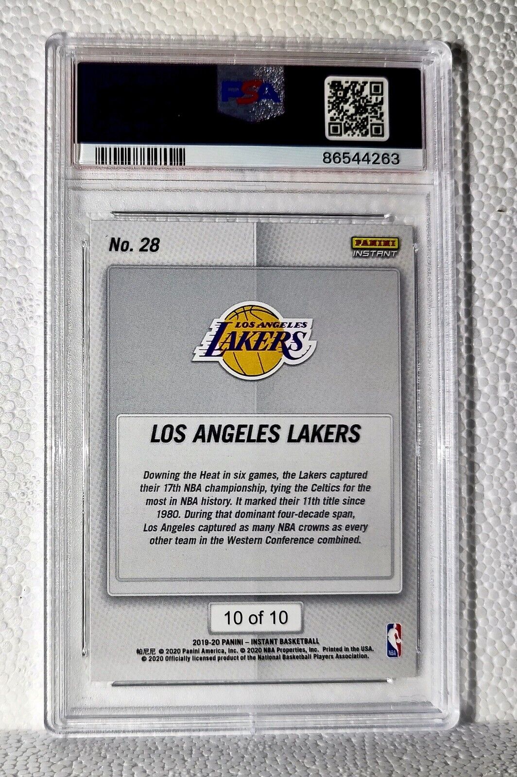 Los Angeles Lakers 2020 Panini LA Lakers NBA Champions #28 Card 10/10 PSA 9