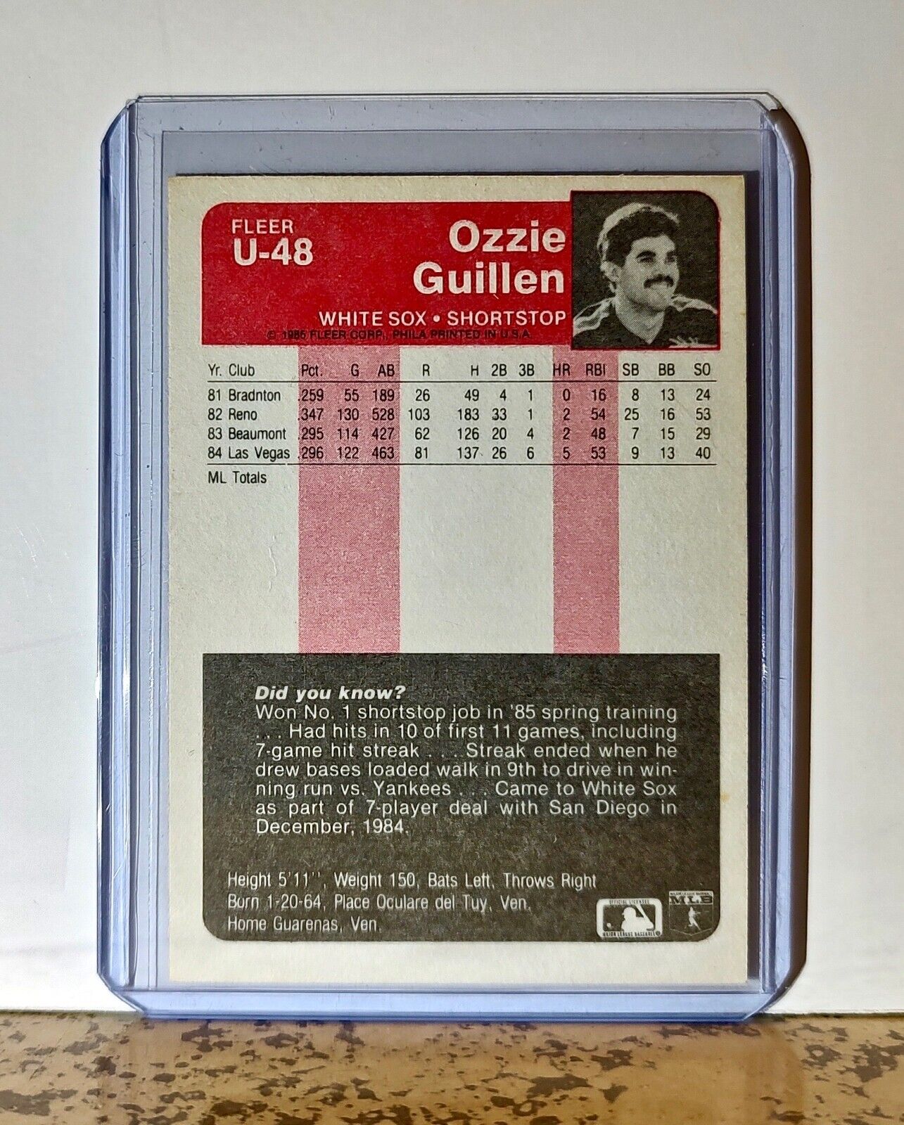 Ozzie Guillen 1985 Fleer MLB #U-48 Baseball Card Chicago White Sox