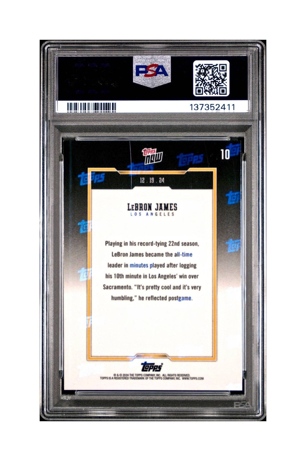 LeBron James 2024 Topps Now #10 All-Time Leader Minutes Played PSA 9 Mint