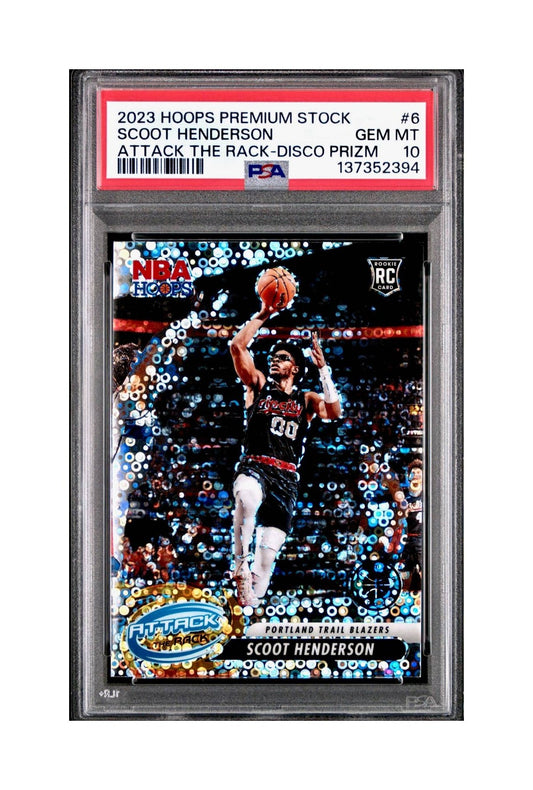 Scoot Henderson 2023 Panini Hoops Premium Attack the Rack #6 Disco Prizm PSA 10 