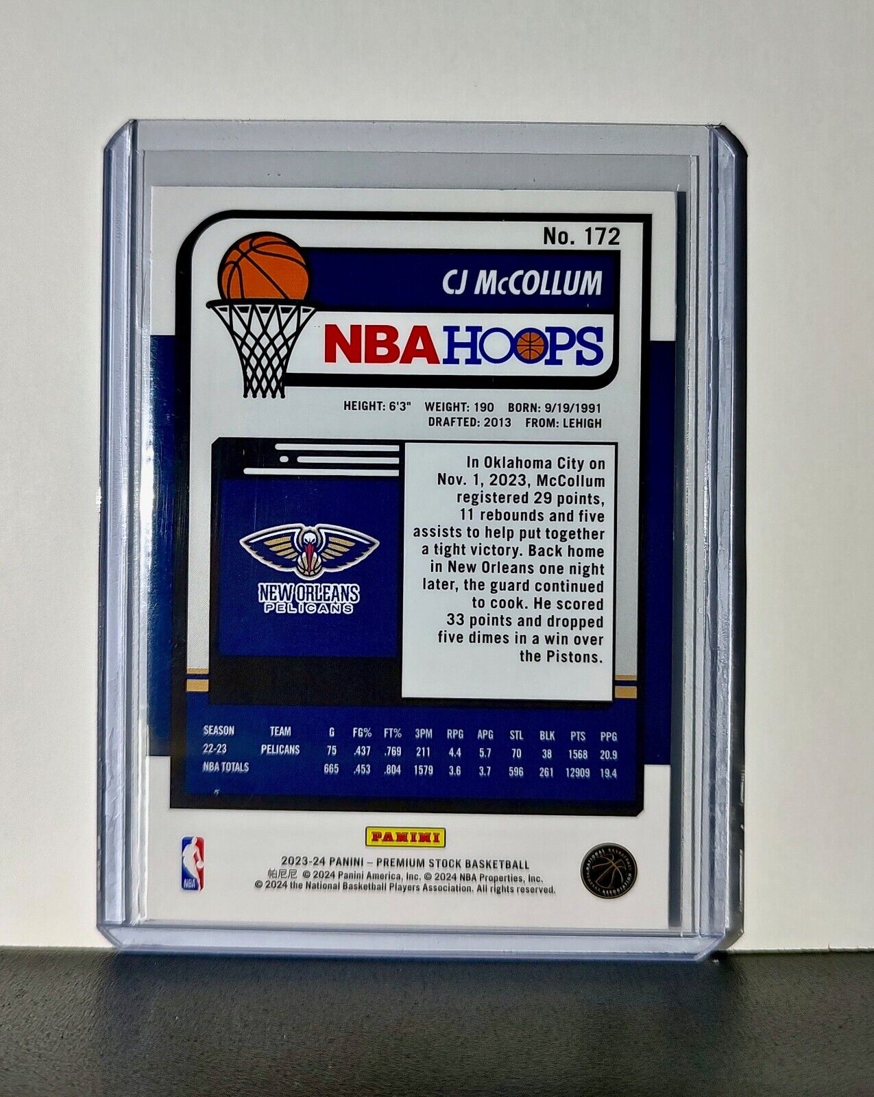 CJ McCollum 2023-24 Panini Premium Stock NBA Hoops #172 Card Pelicans