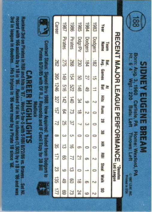 1988 Sid Bream Donruss Baseball Card #188