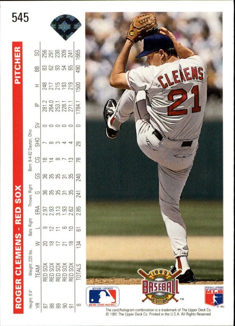 Roger Clemens 1992 Upper Deck MLB #545 Baseball Card Boston Red Sox