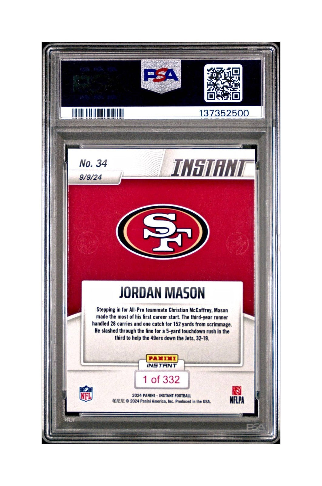 Jordan Mason Rookie 2024 Panini Instant NFL #34 PSA 9 Mint