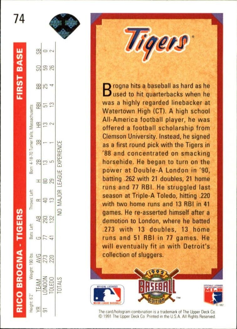 Rico Brogna 1992 Upper Deck MLB #74 Top Prospect Baseball Card Detroit Tigers