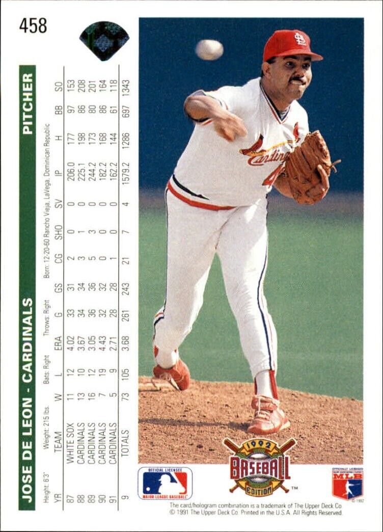 Jose DeLeon 1992 Upper Deck MLB #458 Baseball Card St. Louis Cardinals