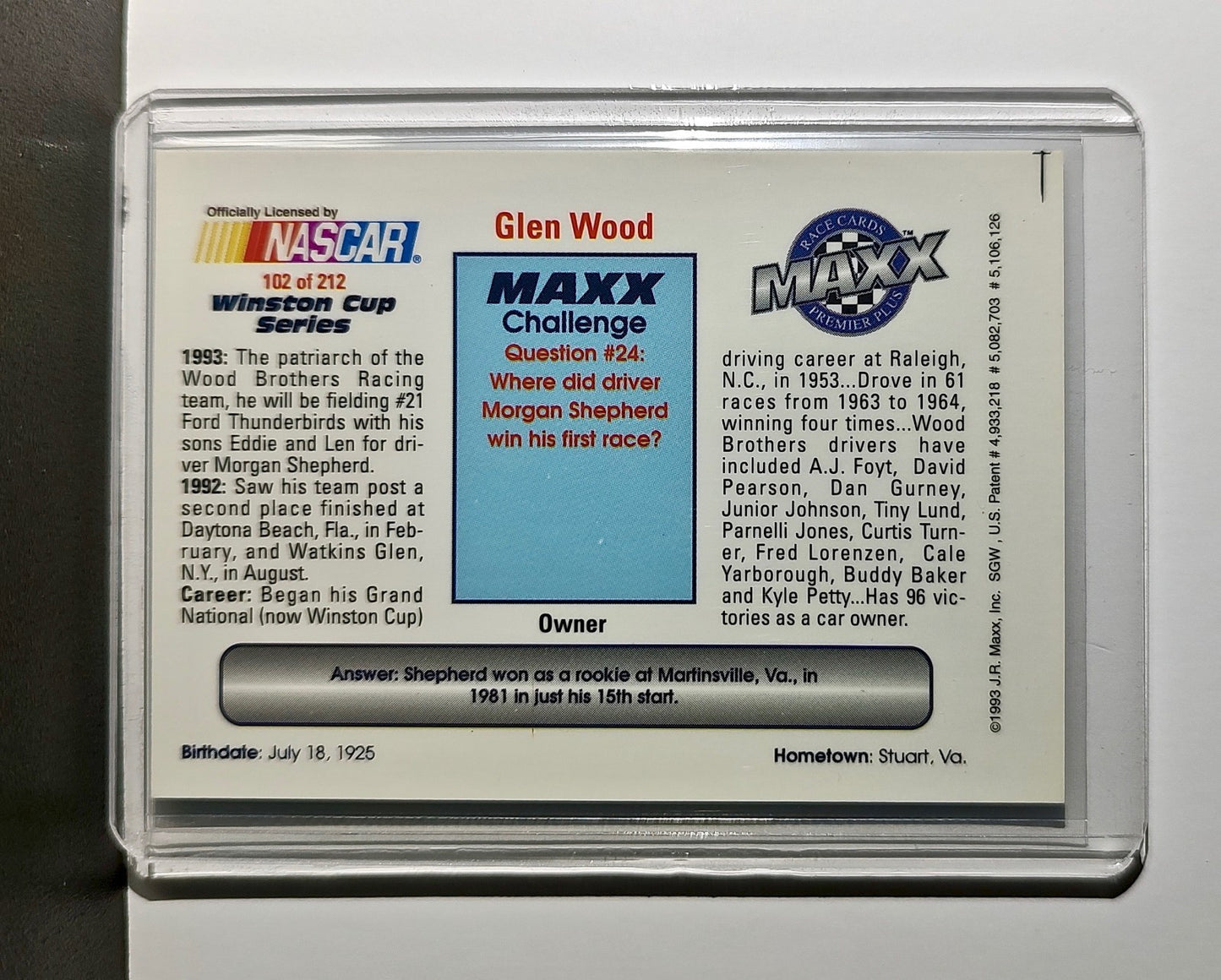 Glen Wood 1993 Maxx Premier Plus Racing #102 NASCAR Card Wood Brothers Racing