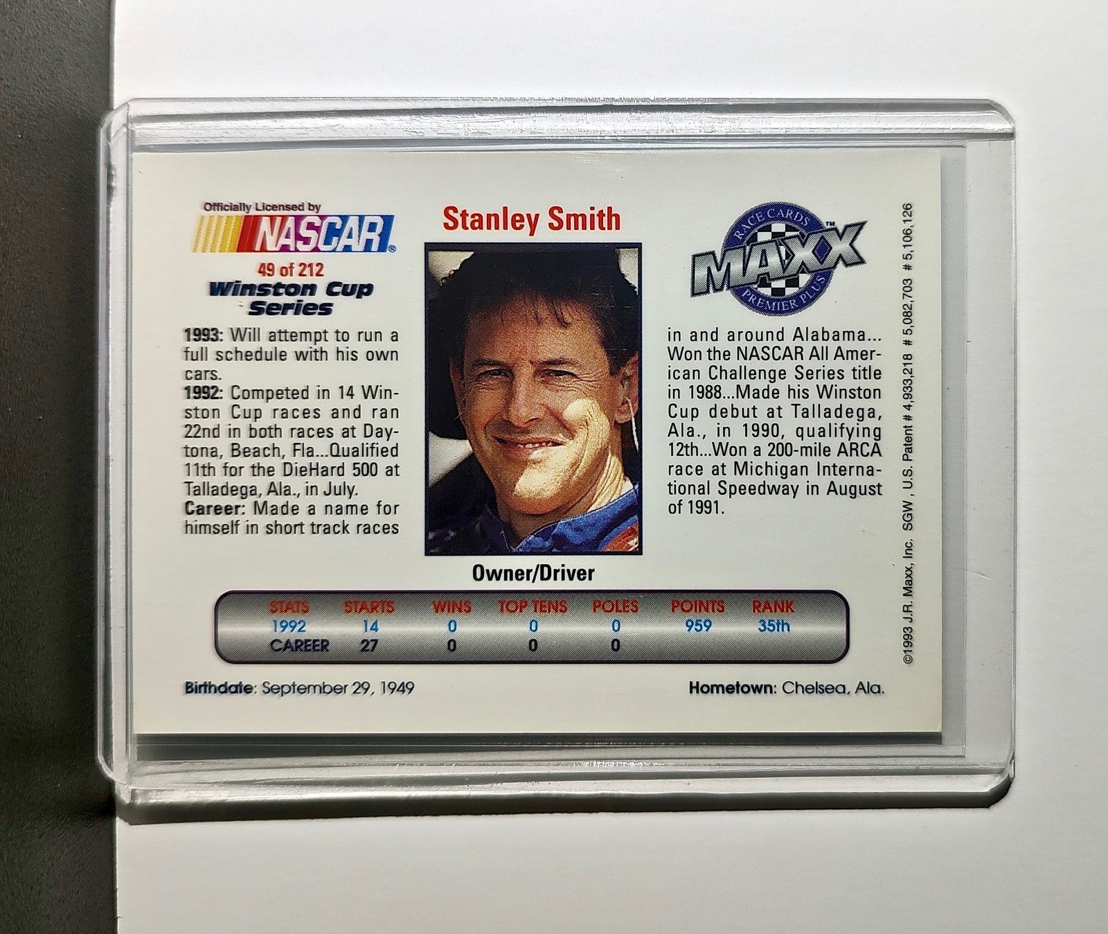 Stanley Smith 1993 Maxx Premier Plus Racing #49 NASCAR Card BS&S Motorsports