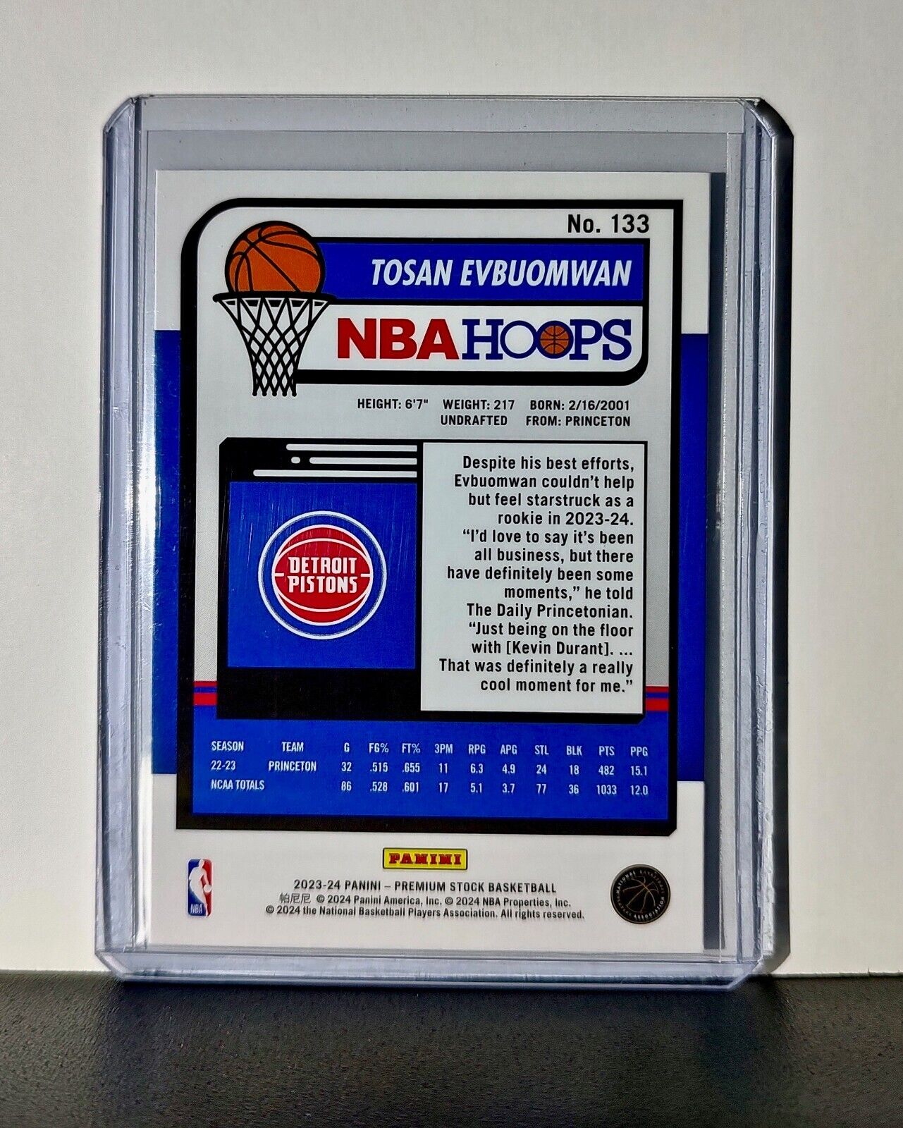 Tosan Evbuomwan 2023-24 Panini Premium Stock NBA Hoops #133 Rookie Card Pistons