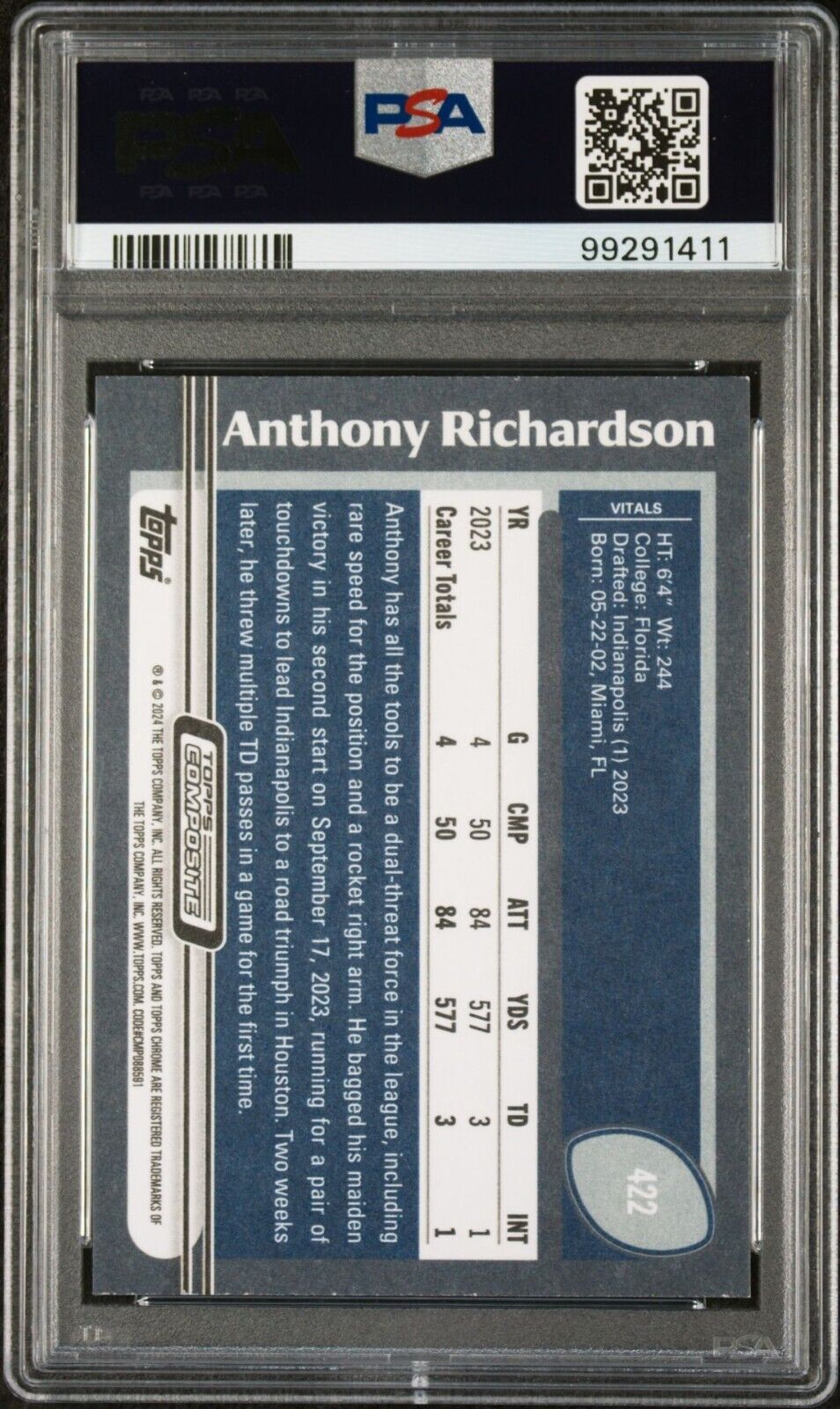 Anthony Richardson 2023 Topps Rookie NFL #422 Football Card PSA 9 Mint