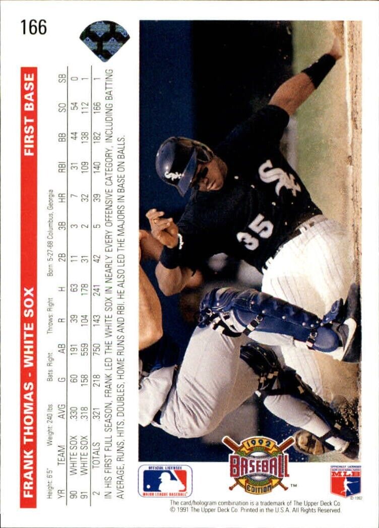Frank Thomas 1992 Upper Deck MLB #166 Baseball Card Chicago White Sox
