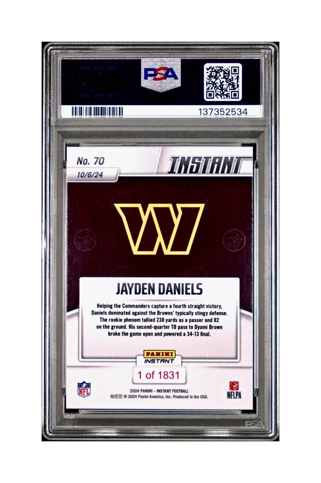 Jayden Daniels Rookie 2024 Panini Instant NFL #70 PSA 10 Gem Mint