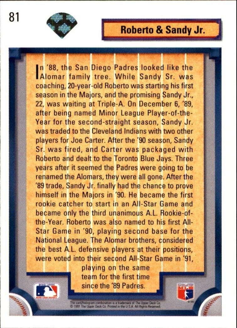 Sandy / Roberto Alomar 1992 Upper Deck MLB #81 Baseball Card Cleveland Indians