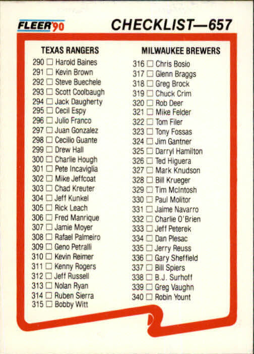 1990 Checklist Fleer Baseball Card #657