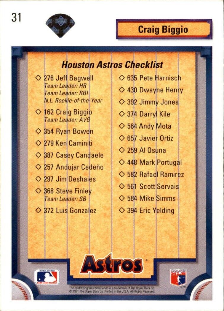 Craig Biggio 1992 Upper Deck MLB #31 Team Checklist Baseball Card Houston Astros