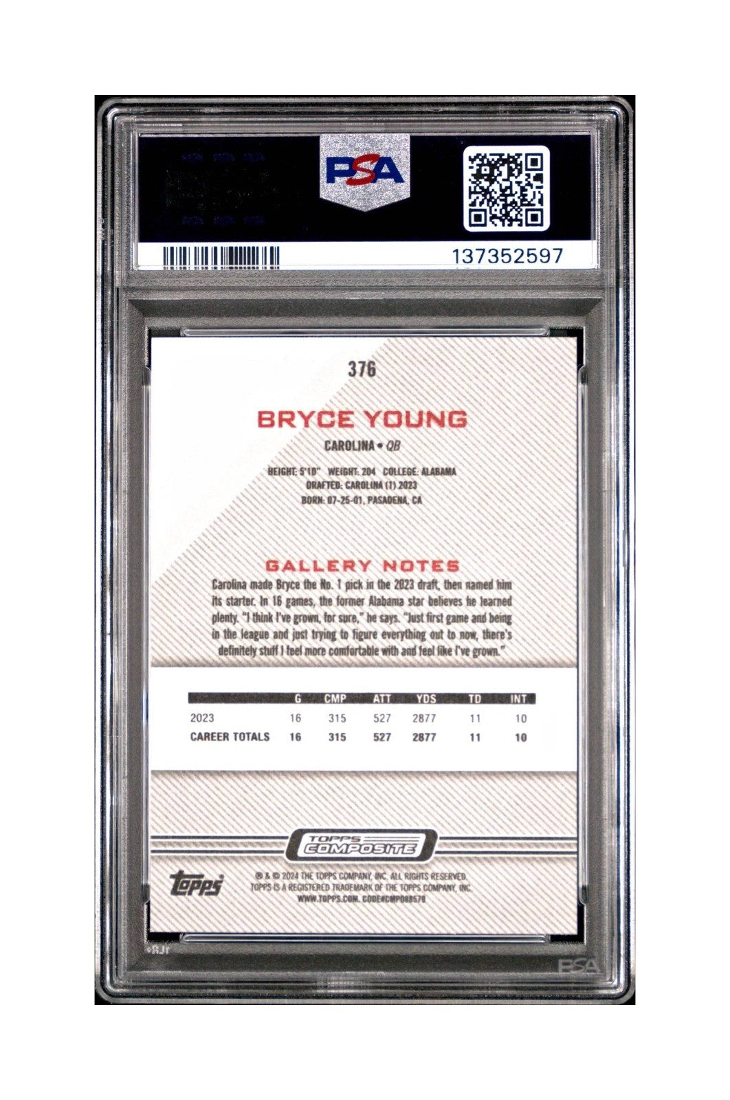 Bryce Young 2023 Topps Gallery #376 Card Carolina Panthers PSA 10 Gem Mint