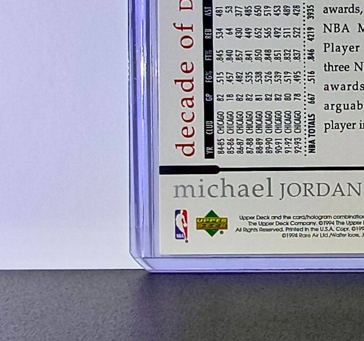 Michael Jordan 1994 Upper Deck Rare Air MJ Decade of Dominance #90 Card Bulls