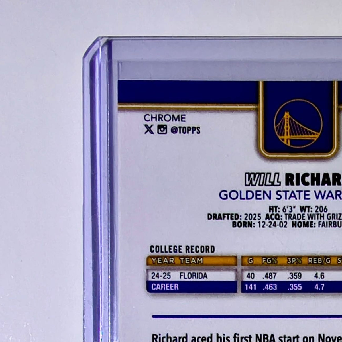 Will Richard Rookie 2025-26 NBA Topps Chrome Update #196 Card State Warriors