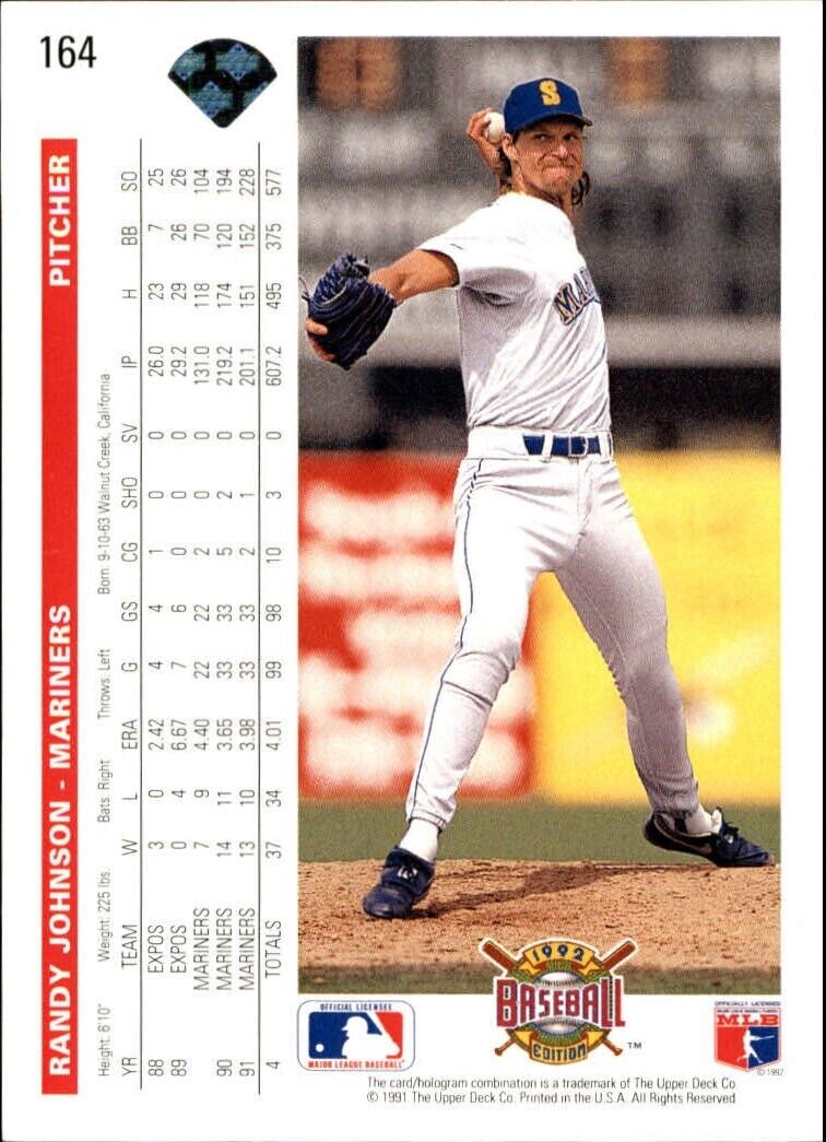 Randy Johnson 1992 Upper Deck MLB #164 Baseball Card Seattle Mariners