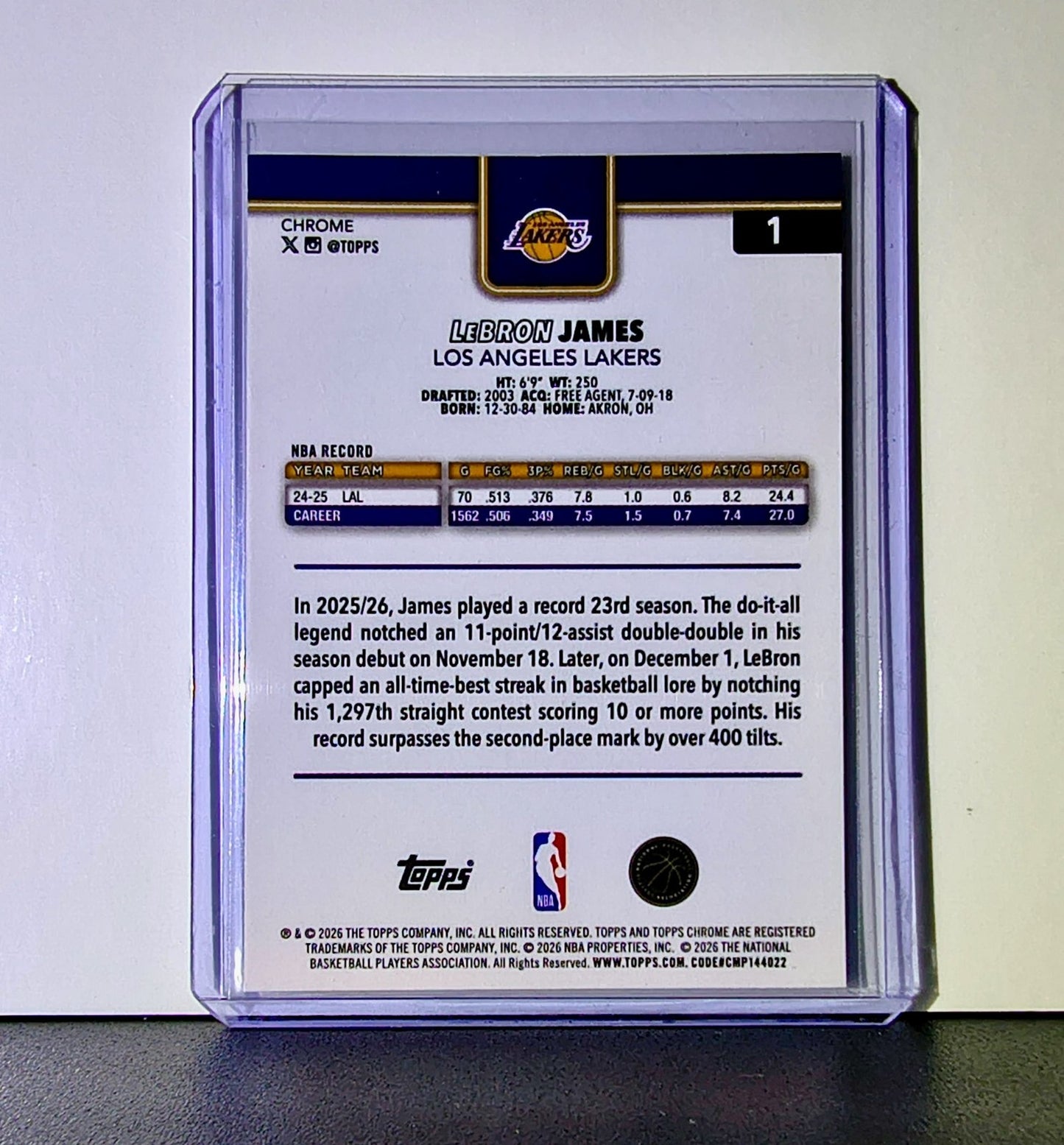 LeBron James 2025-26 NBA Topps Chrome Update #1 Card Los Angeles Lakers