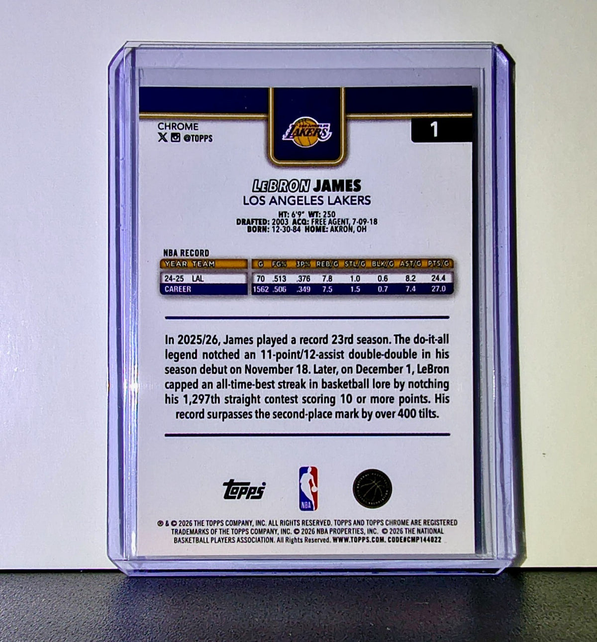 LeBron James 2025-26 NBA Topps Chrome Update #1 Card Los Angeles Lakers