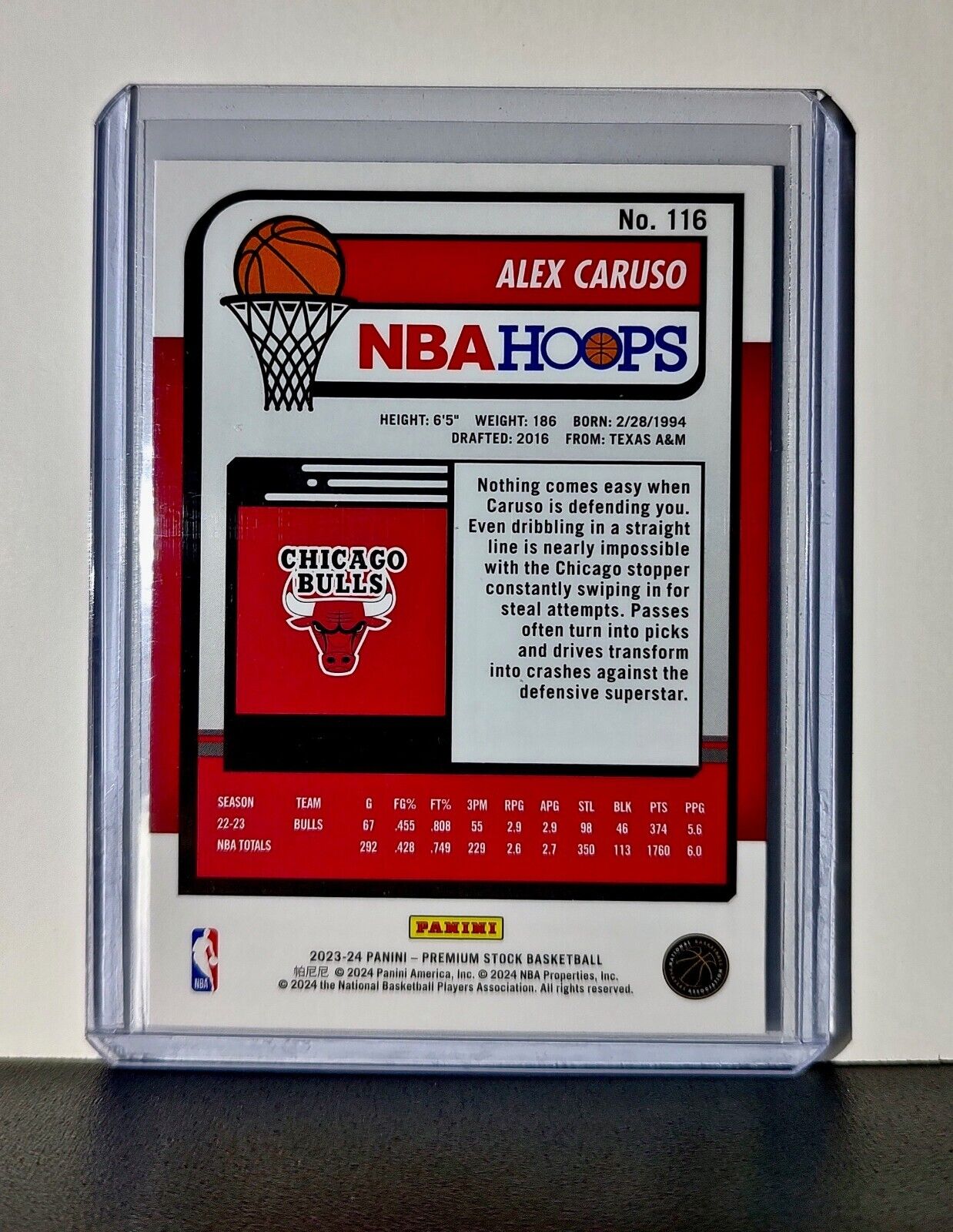 Alex Caruso 2023-24 Panini Premium Stock NBA Hoops #116 Card Chicago Bulls